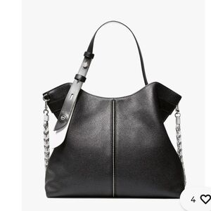 Black Leather Shoulder Tote Bag with Chain Accent
